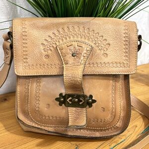 Patricia Nash Tan Crossbody Bag with Tooled Leather and Whipstitch Trim
